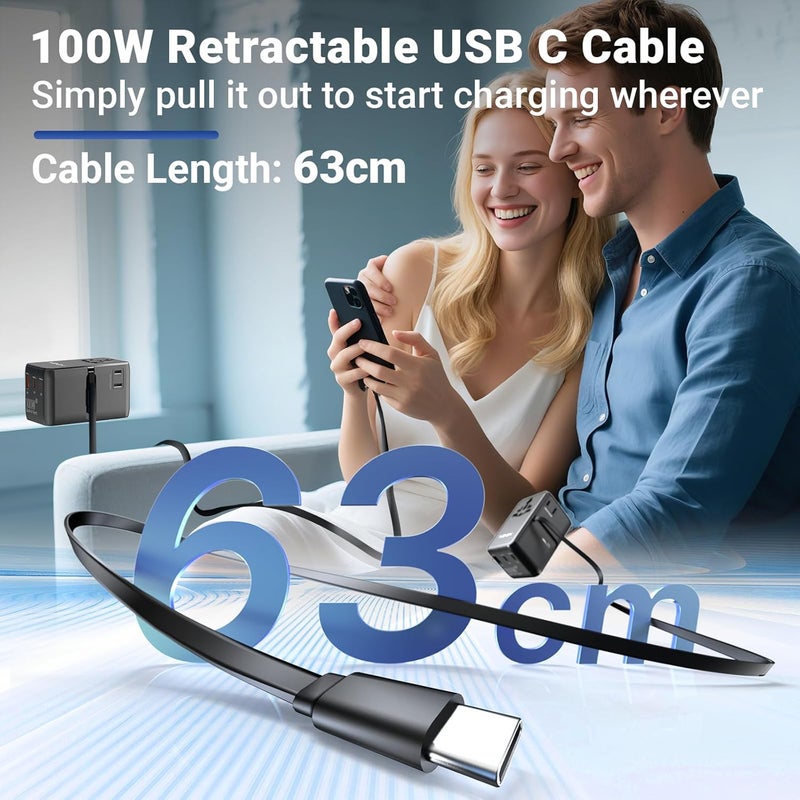 Minix 100W Universal Travel Adapter with Retractable USB C Cable,GaN III International Power Adapter, Type-C*3 USB-A*1 Ports, AC Outlet, Worldwide Travel Charger for Laptops Tablets Phones Cameras - Image 3